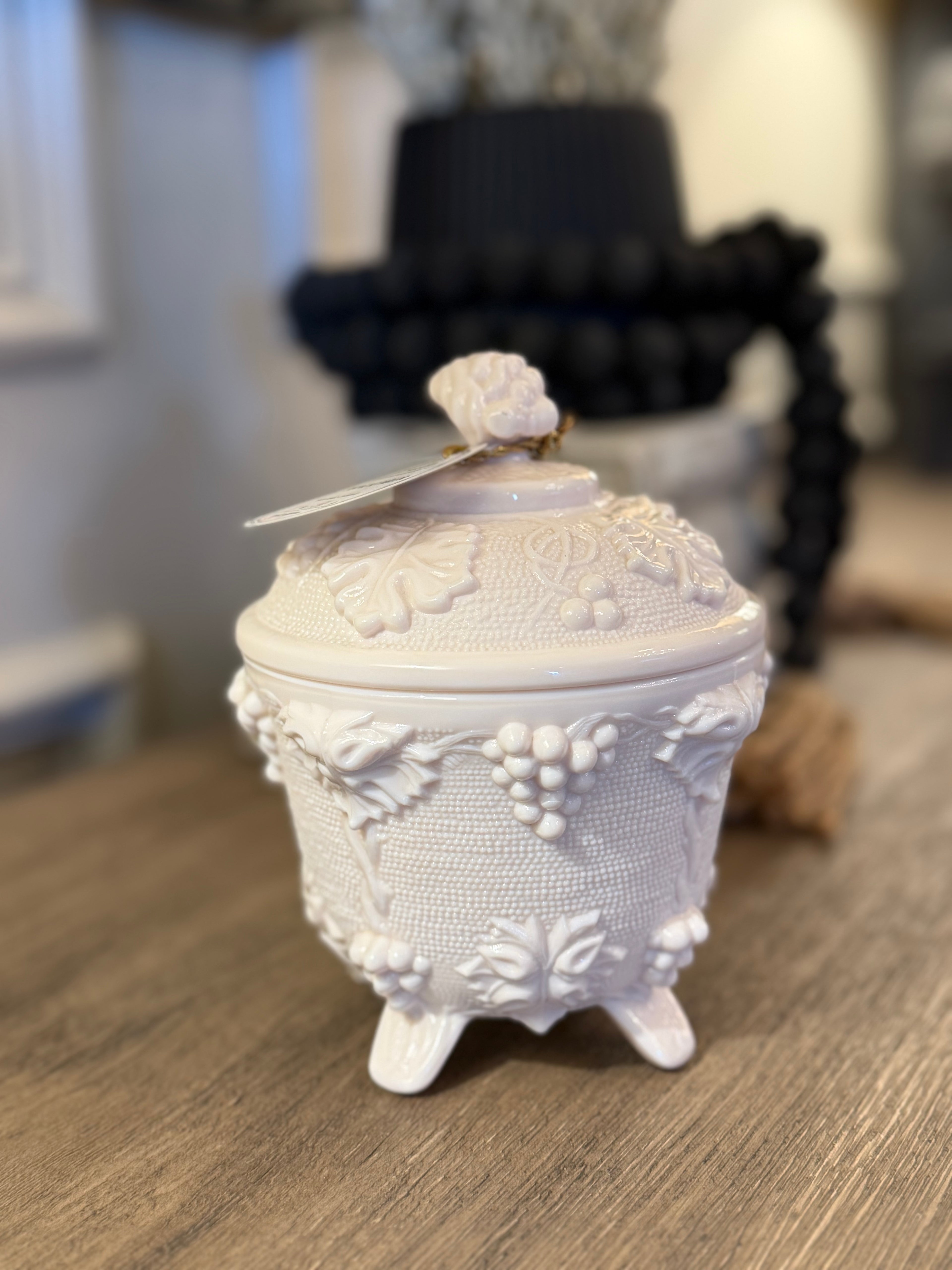 Vintage Jeanette Shell Pink Milk Glass Covered Dish Candle - Pistache Parlor Scent