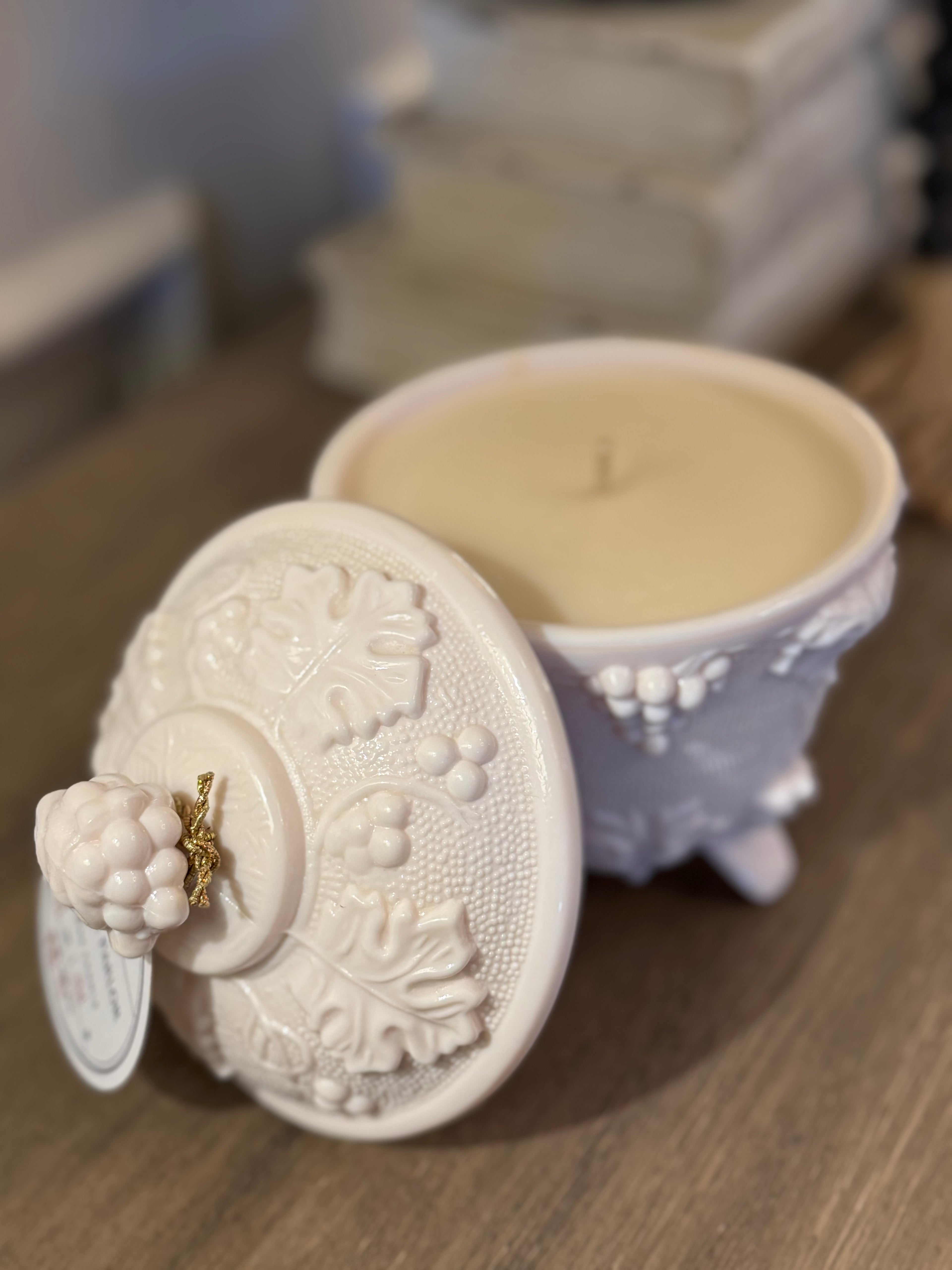 Vintage Jeanette Shell Pink Milk Glass Covered Dish Candle - Pistache Parlor Scent